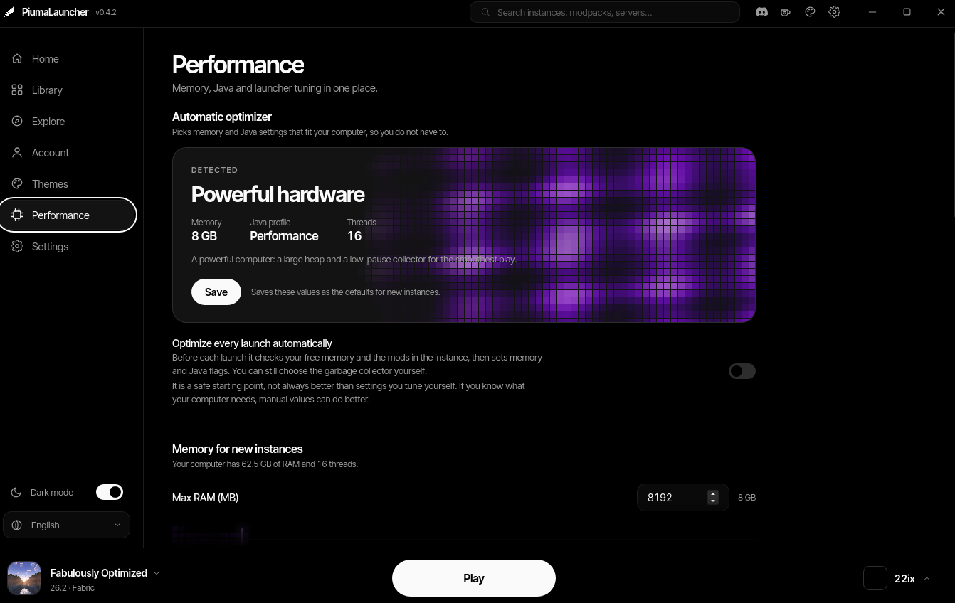 PiumaLauncher · Performance